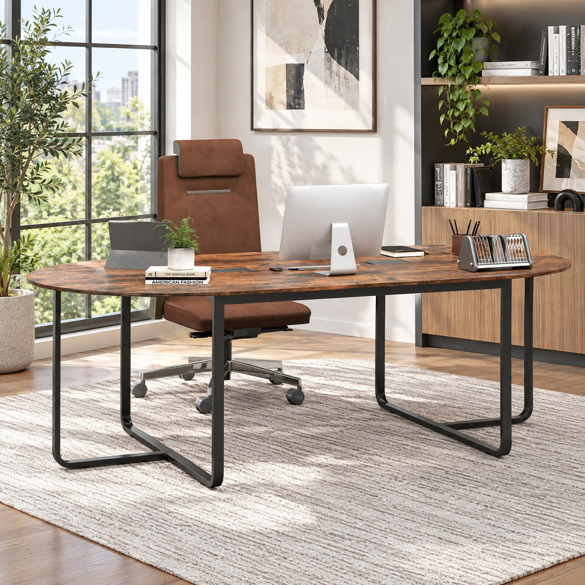Airfind Oval Conference Industrial Executive, 95 Inches, Table with Dual Cable Holes, 265 lbs Capacity, Engineered Wood Metal Frame, Brown