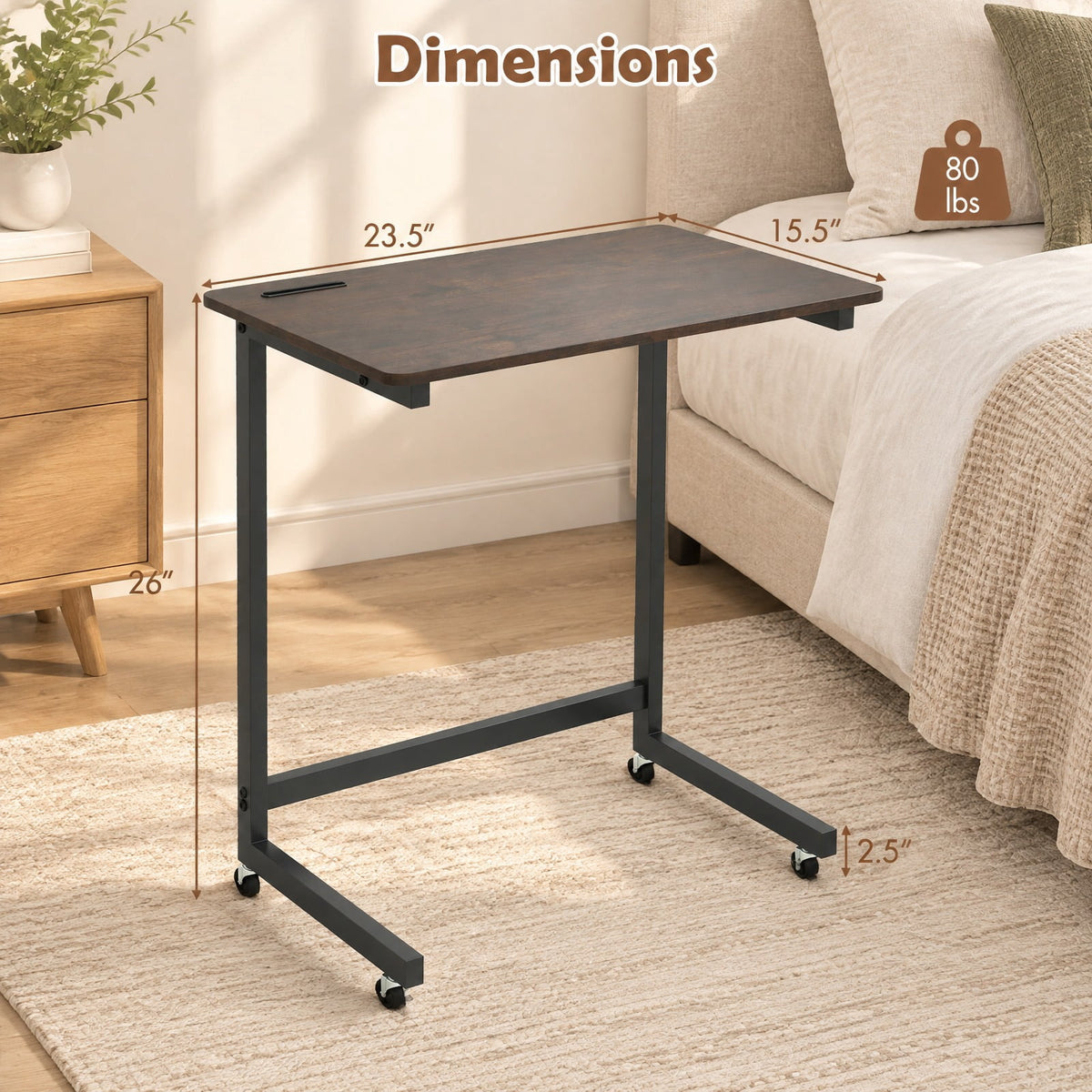 Airfind C-shaped End Table with Wheels Mobile Bedside Table with Built-in Phone Slot, 80 lbs Capacity, Engineered Wood Metal Frame, Brown