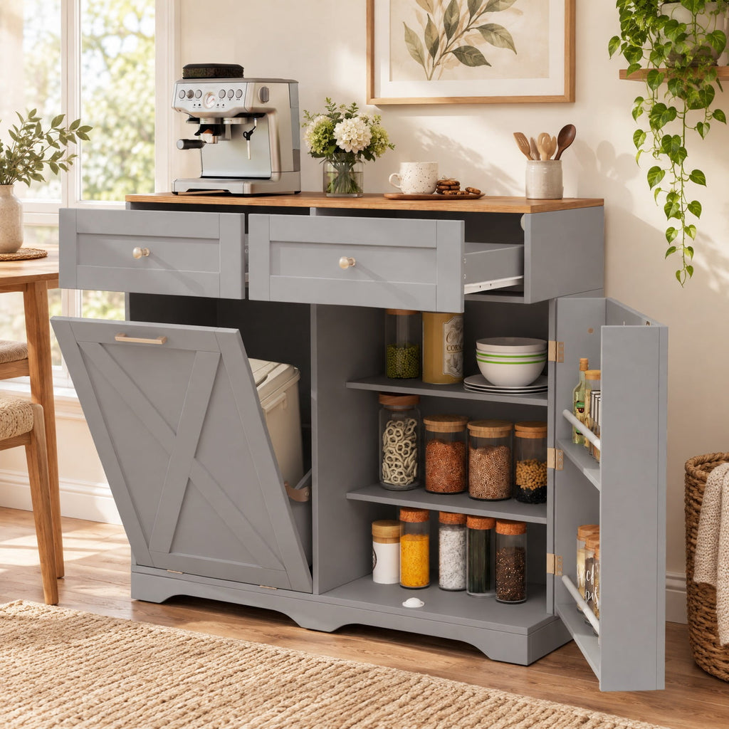 Airfind Tilt Out Trash Can Cabinet with Outlets and Adjustable Shelf, 100 Lbs Capacity, MDF Engineered Wood for Convenient Everyday Use, Gray