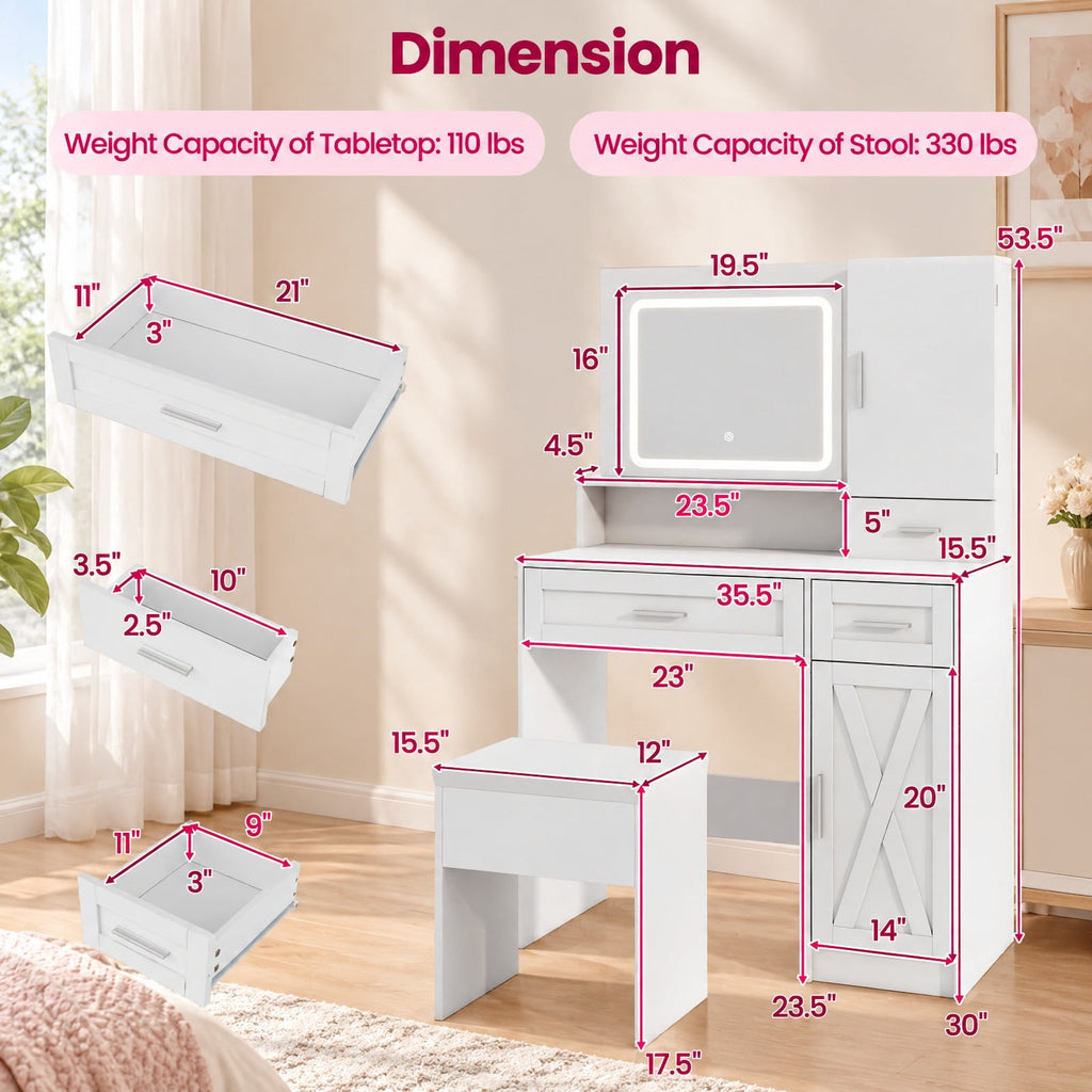 Airfind Makeup Vanity Desk with Mirror and Lights Dressing Table and Stool Set, 110 lbs Capacity, Engineered Wood Frame, White