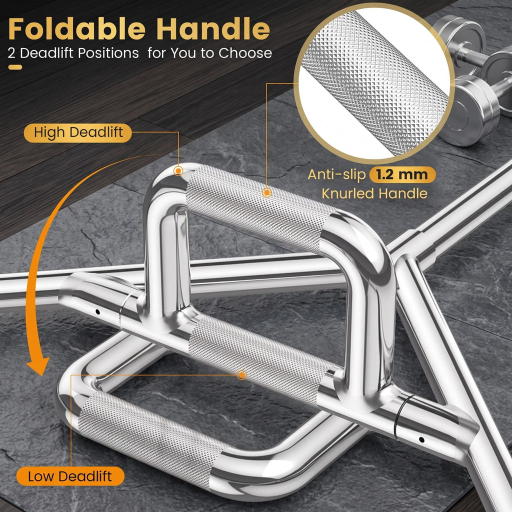Airfind Standard Hex Trap Bar with 2 Spring Collars and Foldable Handles, 800 lb Capacity Steel Deadlift Weight Bar for Strength Training, Fits 1-Inch Plates, Silver