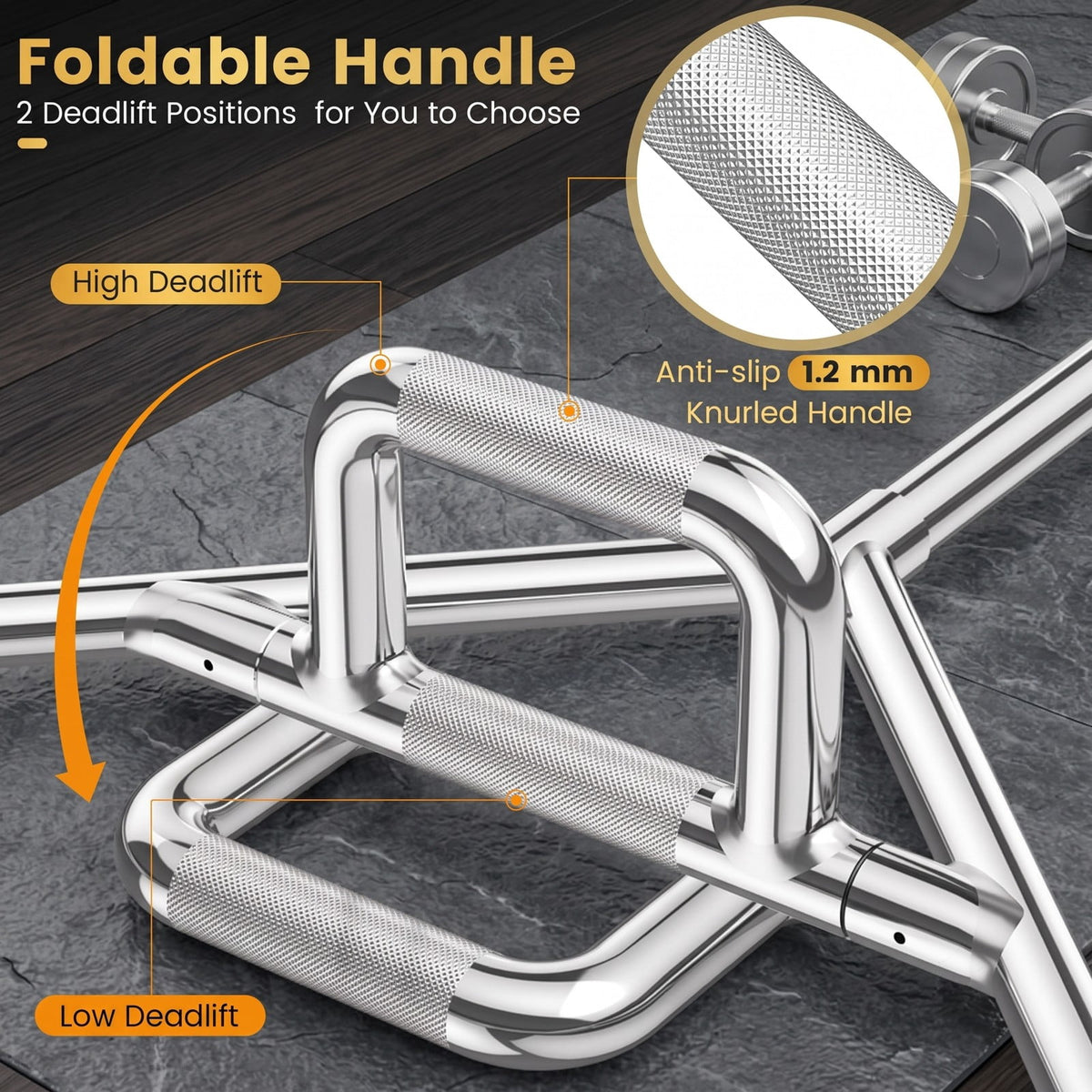 Airfind Standard Hex Trap Bar with 2 Spring Collars and Foldable Handles, 800 lb Capacity Steel Deadlift Weight Bar for Strength Training, Fits 1-Inch Plates, Silver
