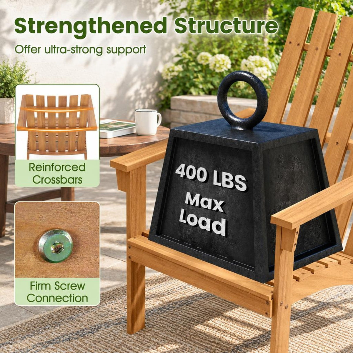 Airfind Outdoor Durable Patio Acacia Wood Adirondack Lounge Armchair, 350 lbs Capacity, Acacia wood Frame, Natural