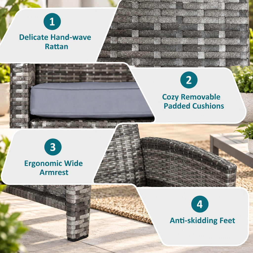 Airfind 4 Pieces Patio Rattan Furniture Set with Glass Table and Loveseat, PE Rattan Polyester Fiber Steel Sponge Single Sofa Frame, Gray