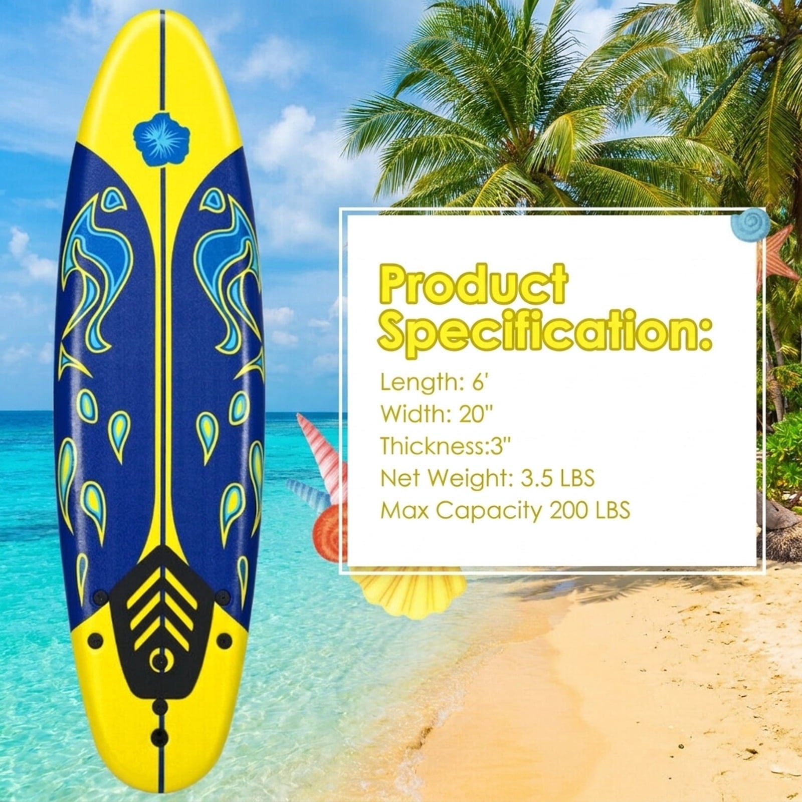 Airfind 6FT Foam Surfboard for Beginners, Adults Kids ¡ª 3 Detachable Thruster Fins, EPS Core, HDPE Slick Bottom, Leash Traction Pad Included (Yellow)
