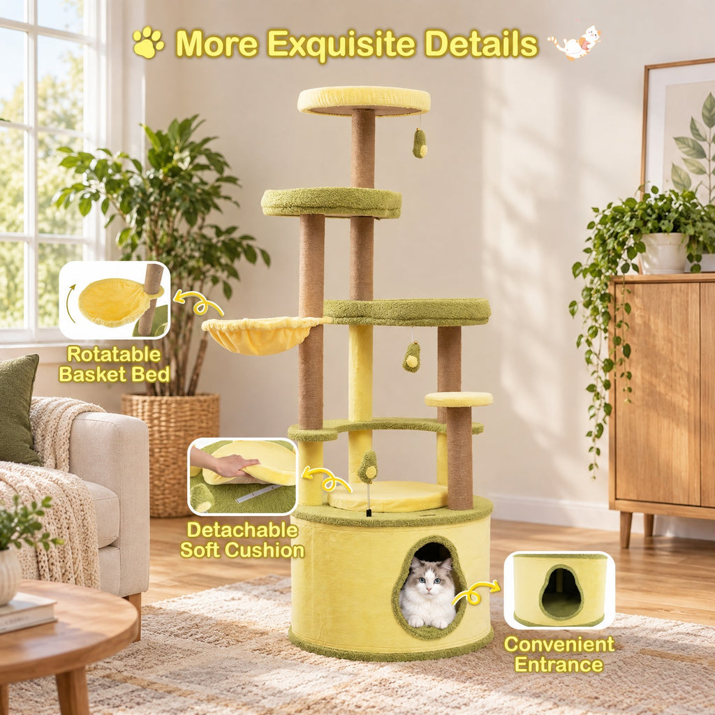 Airfind Large Avocado Cat Tree Multi-level Cat Tower with Private Condo, Green, Detachable soft cushion for added coziness