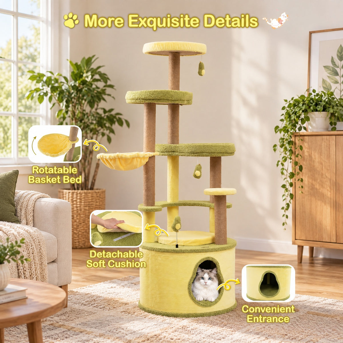 Airfind Large Avocado Cat Tree Multi-level Cat Tower with Private Condo, Green, Detachable soft cushion for added coziness