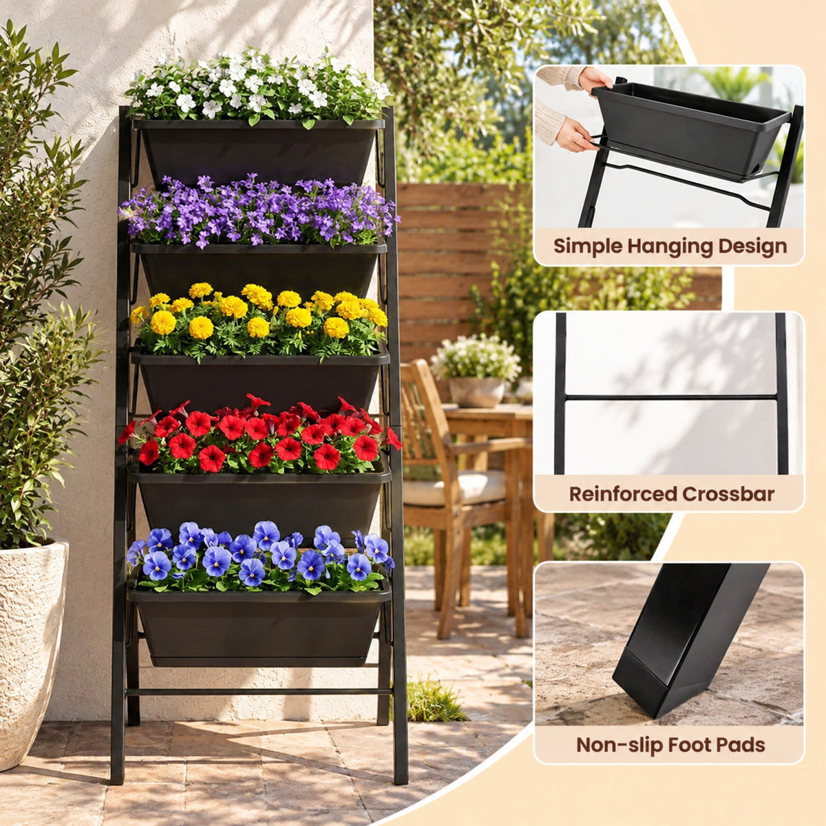 Airfind 5, 22 lbs Capacity, PP Metal Frame, 23 x 27 x 44 Footprint, Black, 5 planter boxes for modular growing