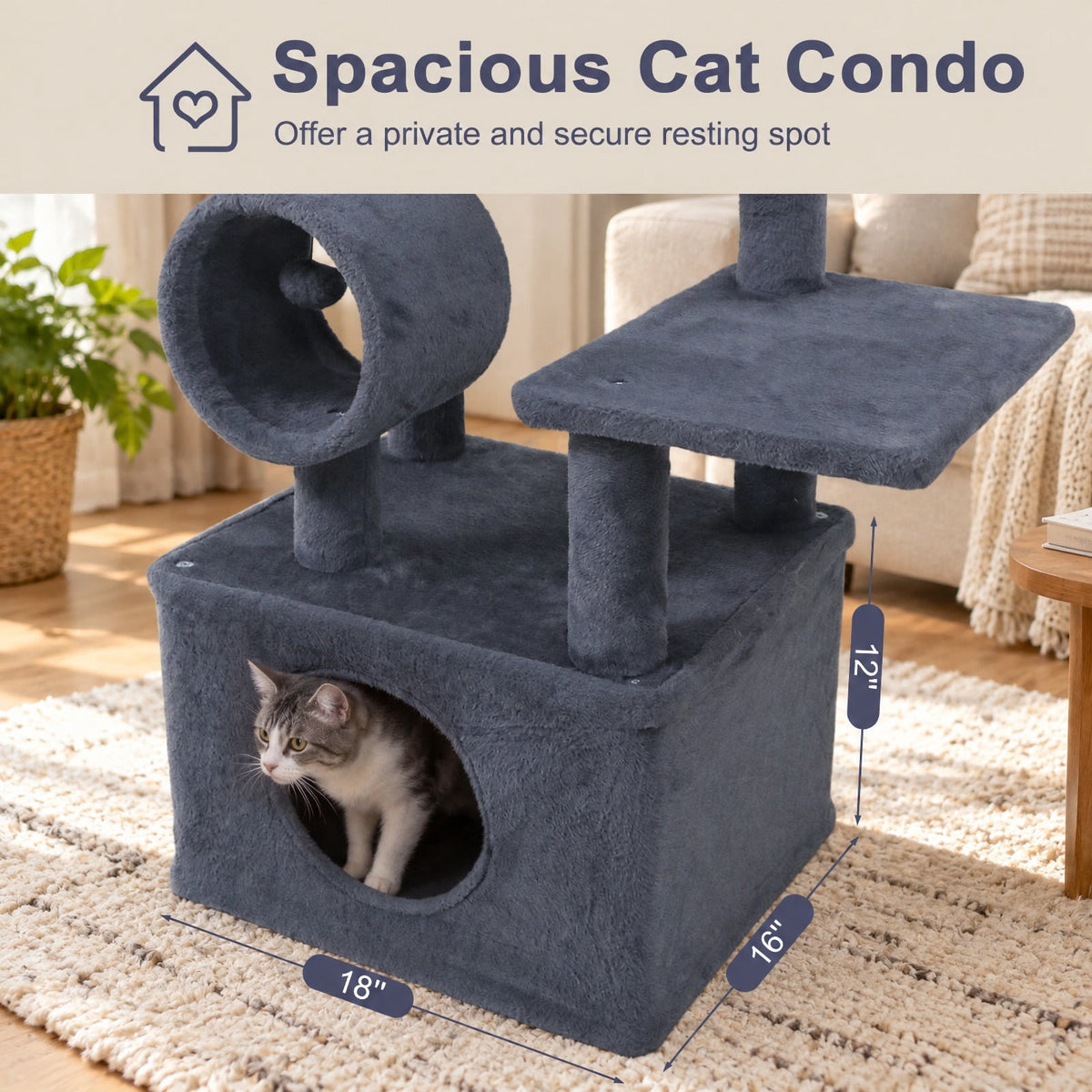 Airfind 48 Inches Tall Cat Tree Multi-Level Kitten Tower with Large Condo Padded Top Perch, Engineered Board Plush Sponge Jute Frame, Grey
