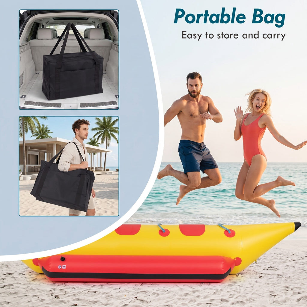 Airfind 3 Person Inflatable Banana Boat with Electric Air Pump Carrying Bag and Repair Kit for Lake and Sea Towing, Red and Yellow