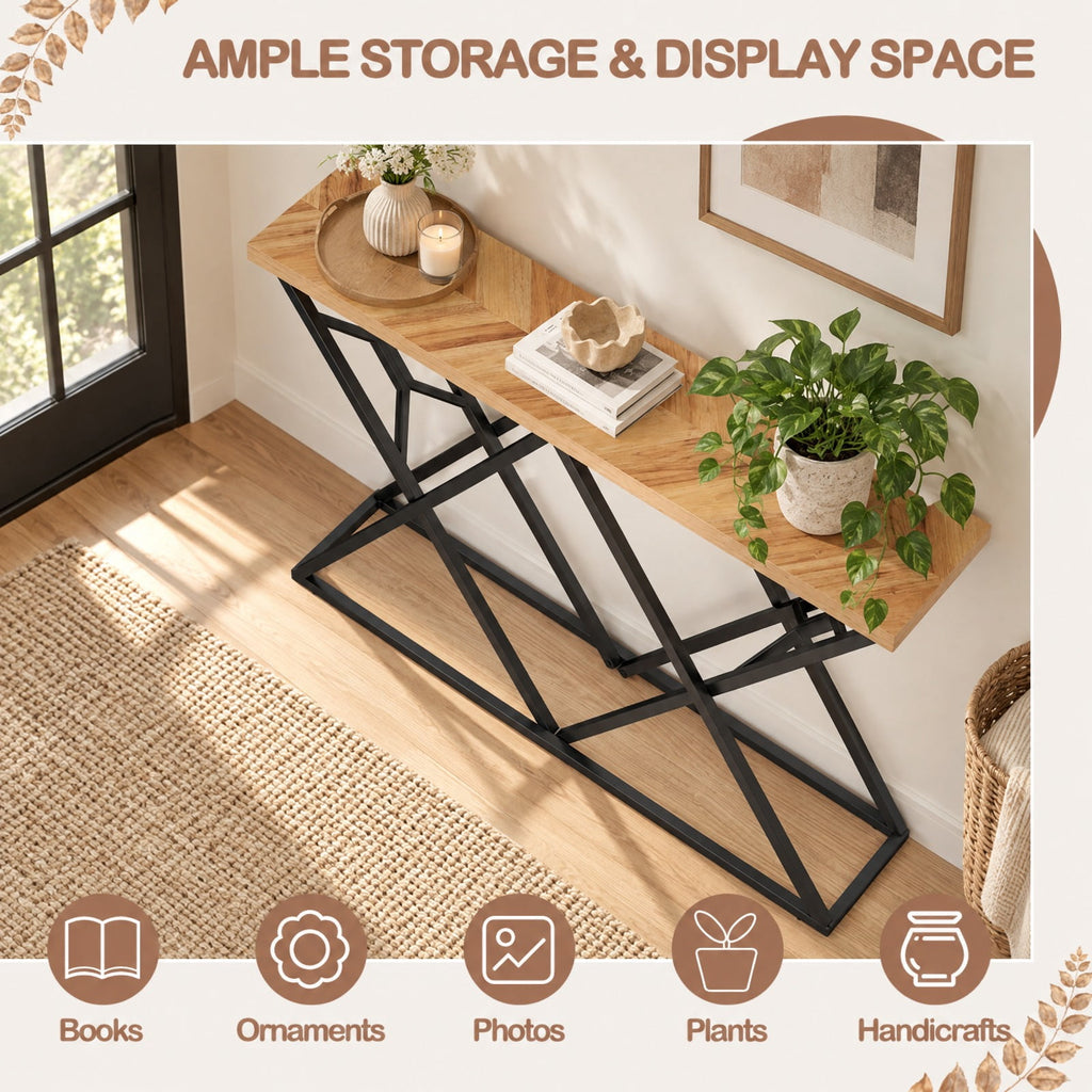 Airfind 55 Inch Console Table with Solid Metal Frame and Storage, 165 lbs Capacity, 55 Inch x 12 Inch x 36 Inch Footprint, Wood
