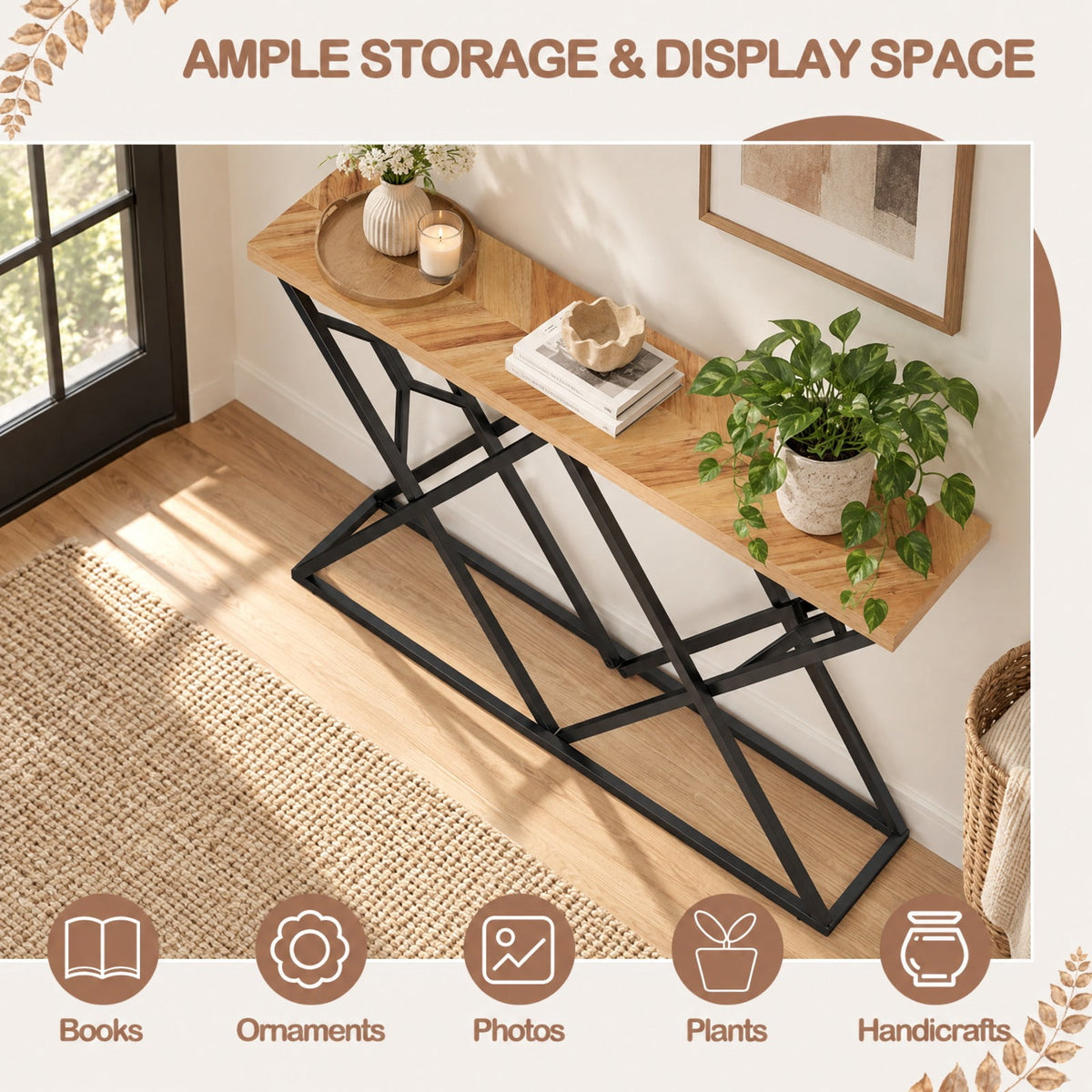 Airfind 55 Inch Console Table with Solid Metal Frame and Storage, 165 lbs Capacity, 55 Inch x 12 Inch x 36 Inch Footprint, Wood