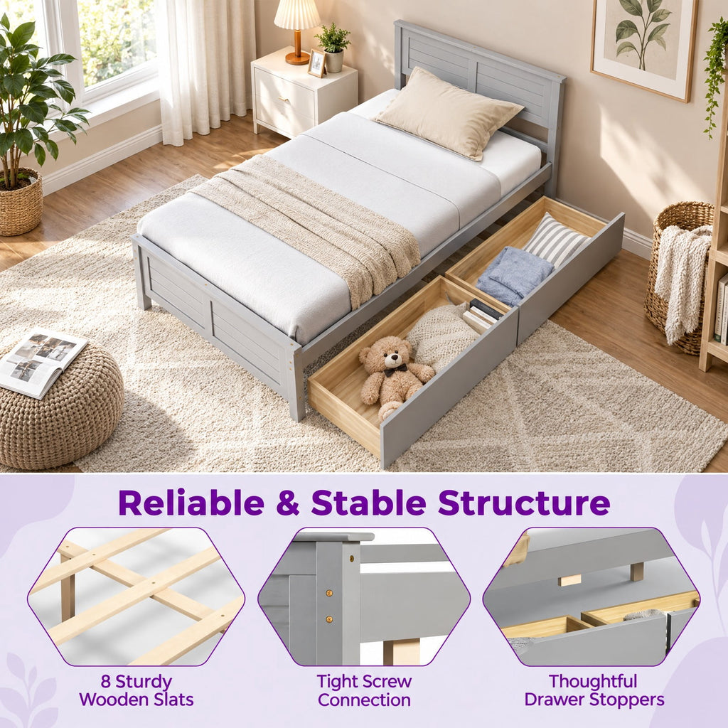 Airfind Twin Size Bed Frame with Storage Drawers, 350 lbs Capacity, Pine Wood Plywood MDF Engineered Wood Frame, Gray
