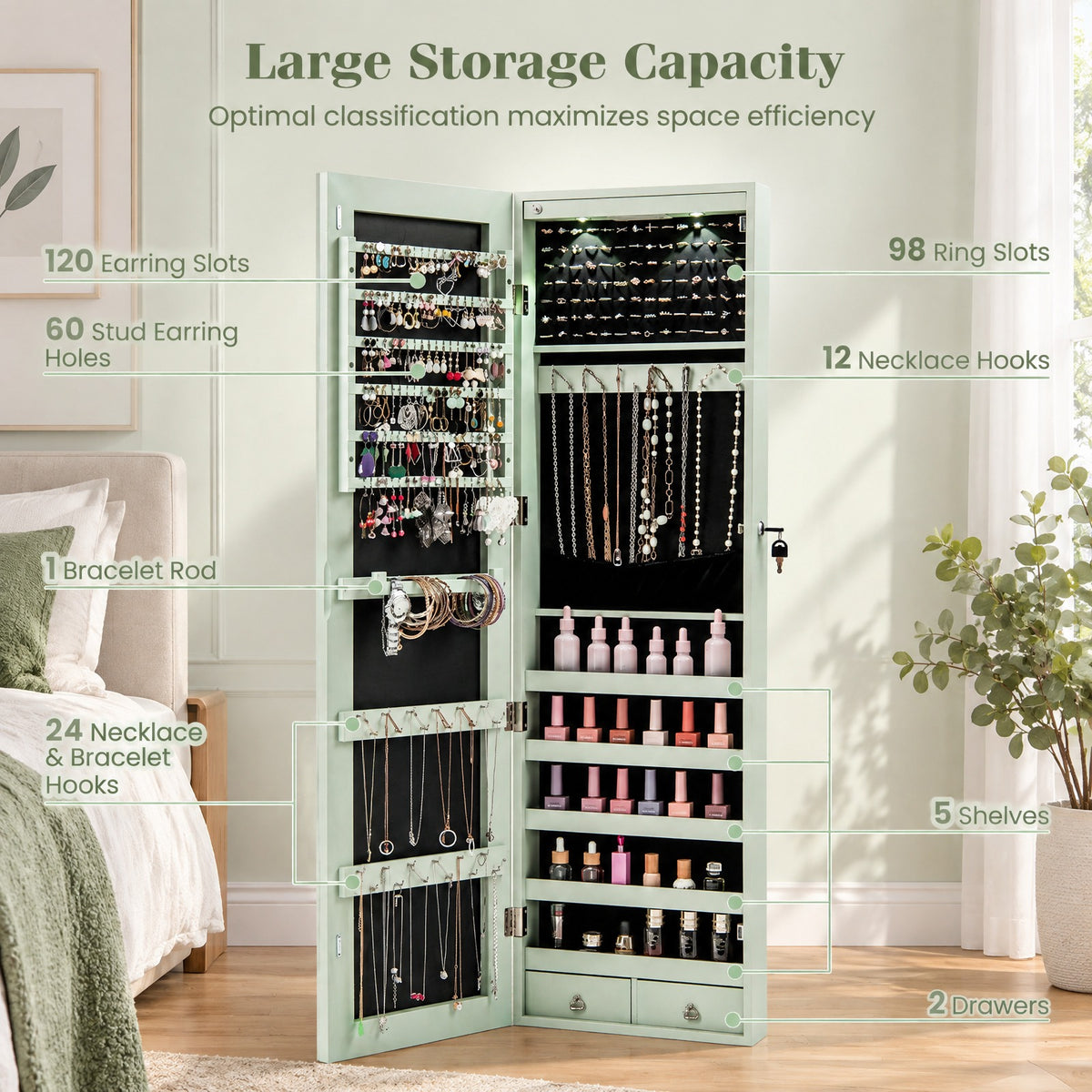 Airfind Wall and Door Mounted Mirrored Jewelry Cabinet with Lights, MDF Board Glass Mirror Frame, 14 Inch x 4 Inch x 54.5 Inch Footprint, Green