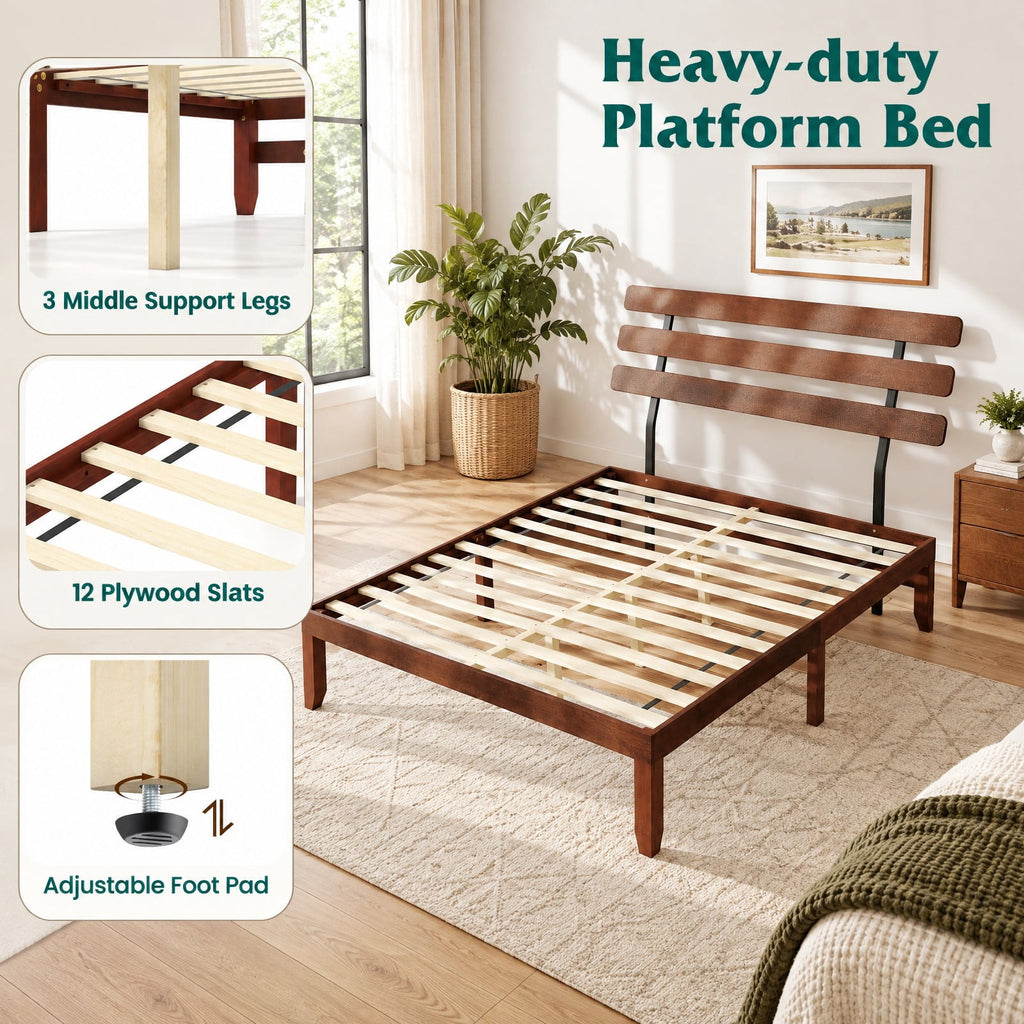 Airfind Queen Size Bed Frame 15.5 Inch Solid Wood Platform Bed with Retro Headboard, 550 lbs Capacity, Plywood Rubber Wood Metal Frame, Wood