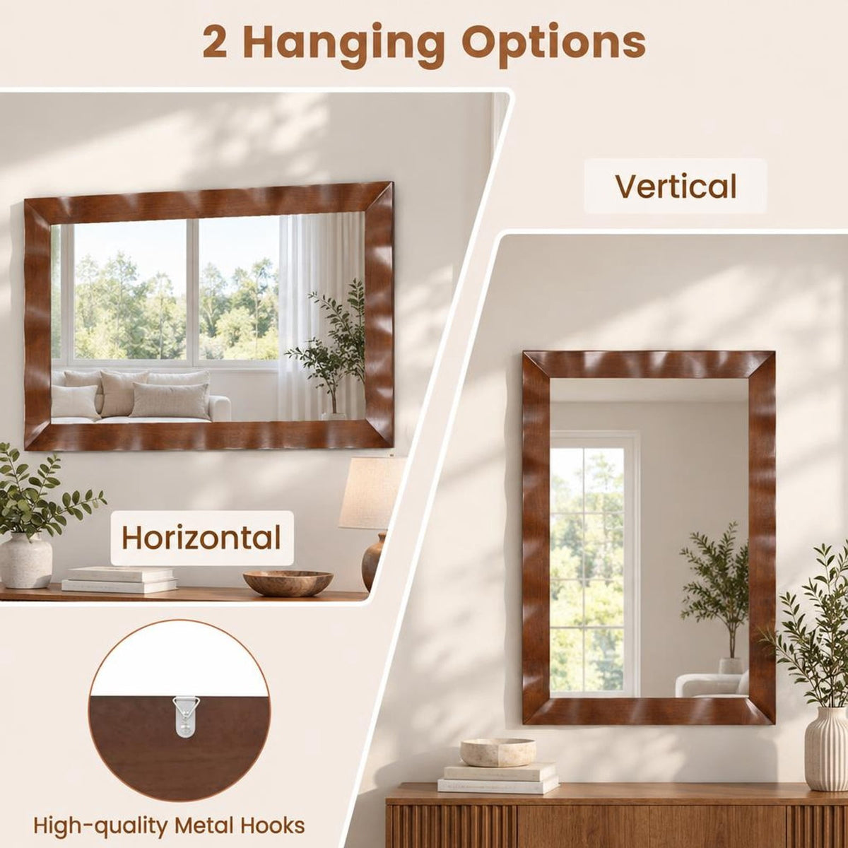 Airfind 41.5 x 28 inches Farmhouse Wall Mirror with Solid Wood Frame, Brown, Stable MDF back boards for added sturdiness