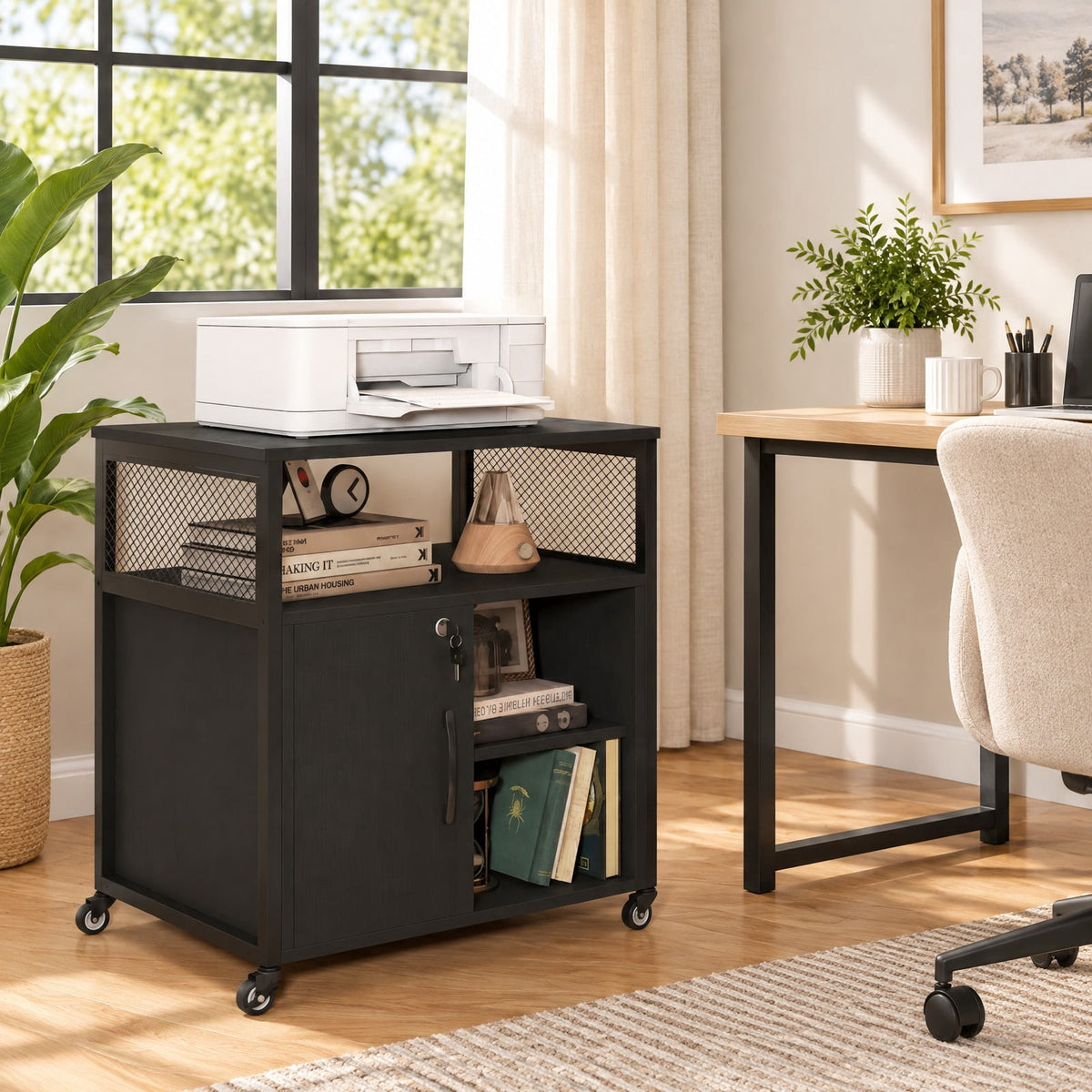 Airfind File Cabinet on Wheels with Charging Station and Cable Management Hole, 24 Inch x 17 Inch x 26 Inch Footprint, Black