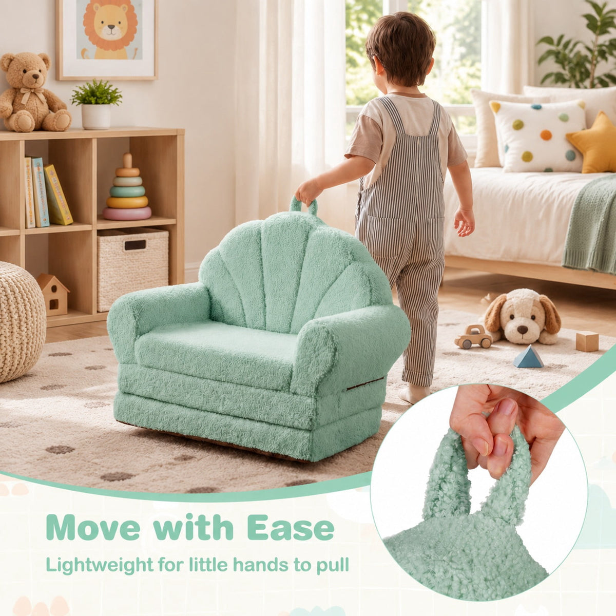 Airfind Convertible Kids Sofa 2, in, 1 Fold out Toddler Couch Chair, Green, Can be used as a sofa chair or a flat lounge bed, No assembly needed