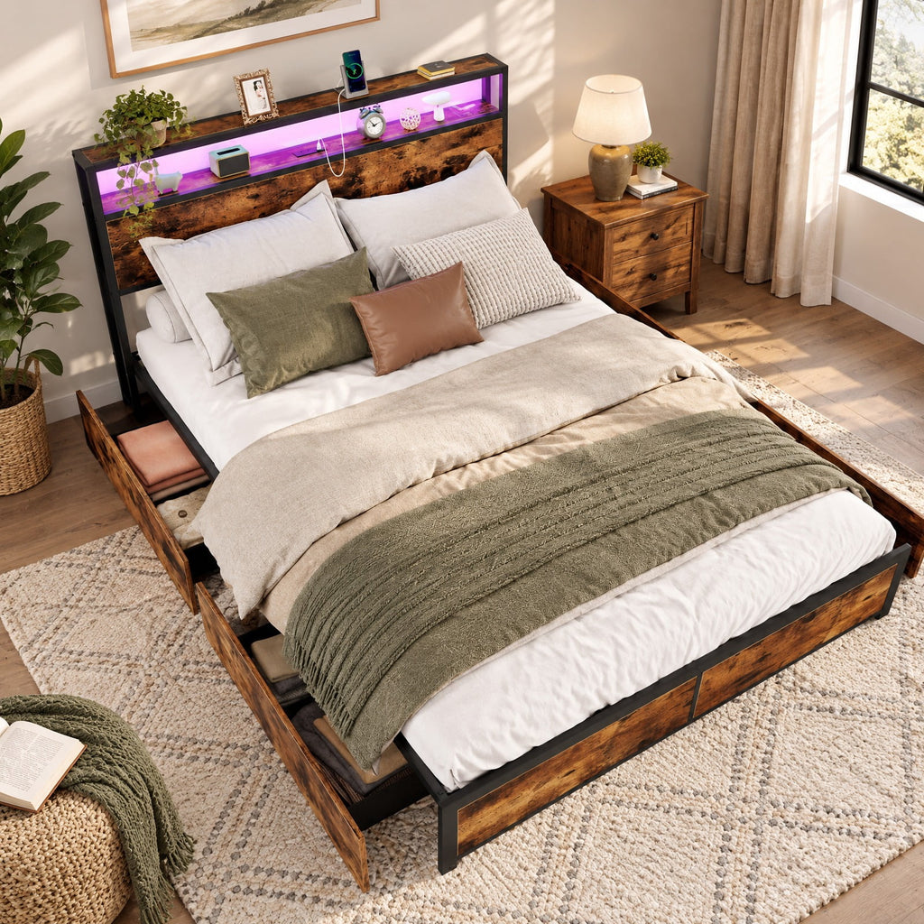 Airfind Full/Queen Size LED Bed Frame with Charging Station and 4 Storage Drawers, 81 Inch x 56 Inch x 40 Inch Inner Footprint
