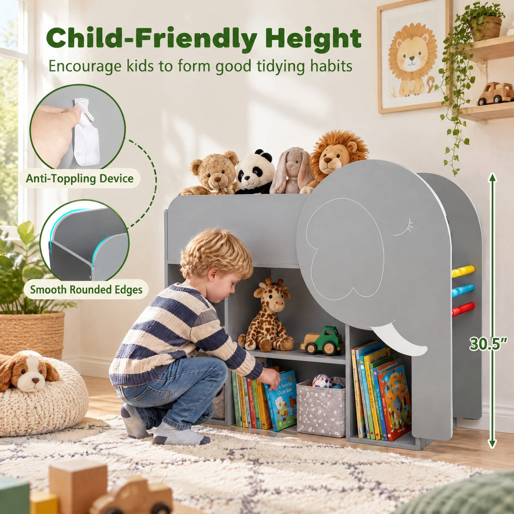Airfind Montessori Bookshelf with Elephant Shape 3-Tier Toddler Toy Storage Organizer, 22 lbs Capacity, MDF Frame, for 3+ years old, Grey