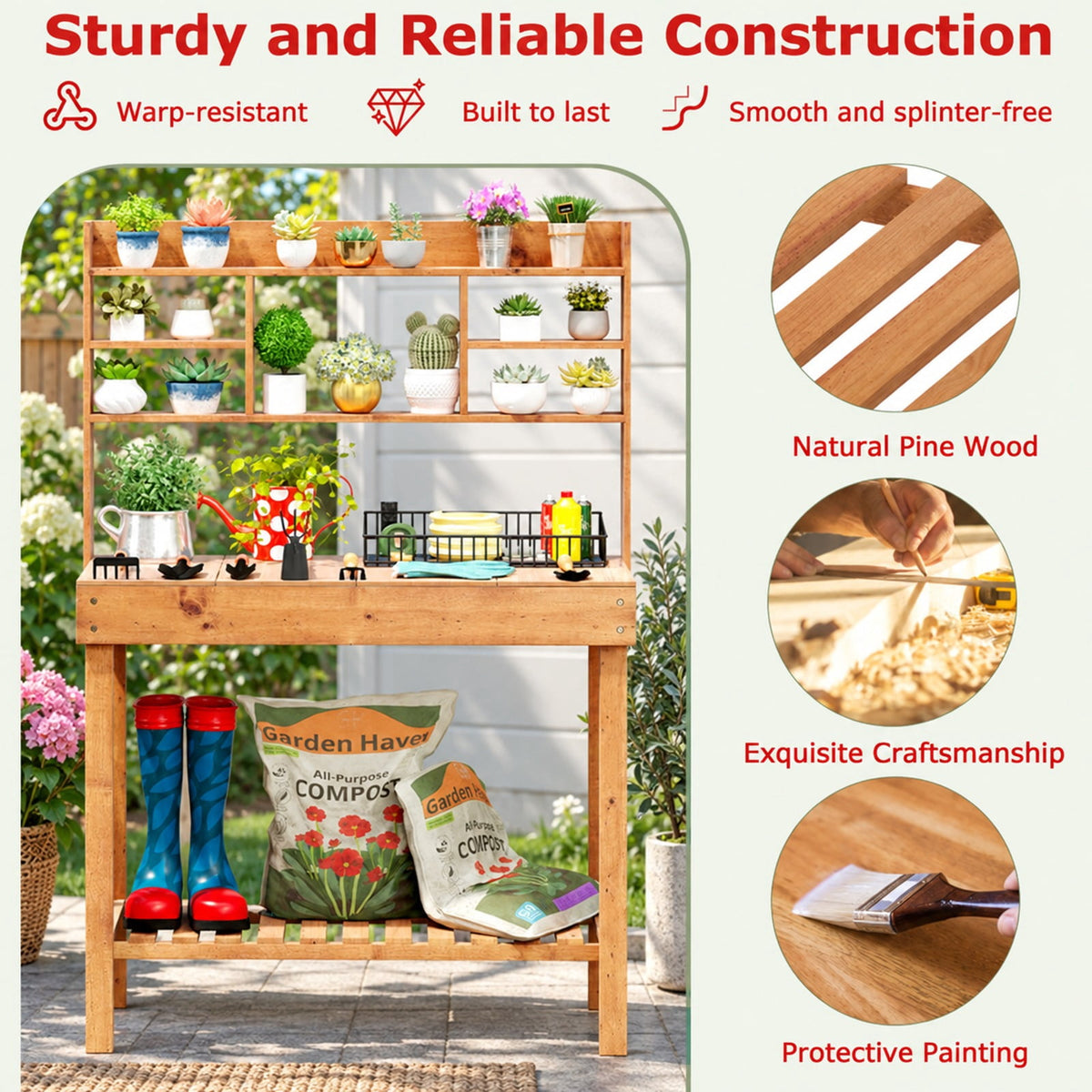 Airfind Wooden Potting Bench Table Garden Planting Workstation with 3-Tier Open Shelf, 22 lbs Capacity, Fir Wood Frame, Brown