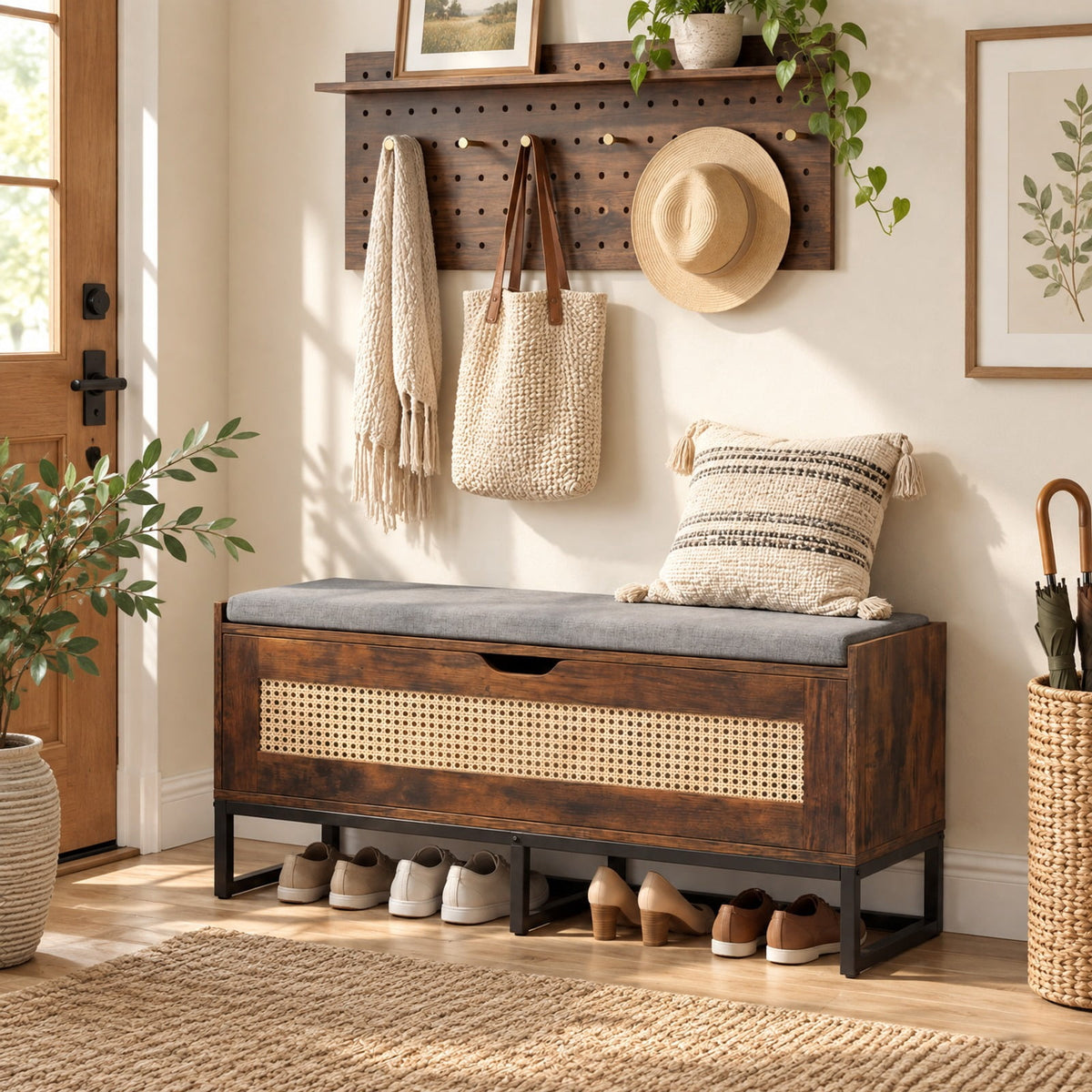 Airfind 39.5in Rattan Storage Chest Wicker Shoe Bench with Padded Seat Flip-Top, 440 lbs Capacity, Engineered Wood PE Rattan Metal Frame, Brown