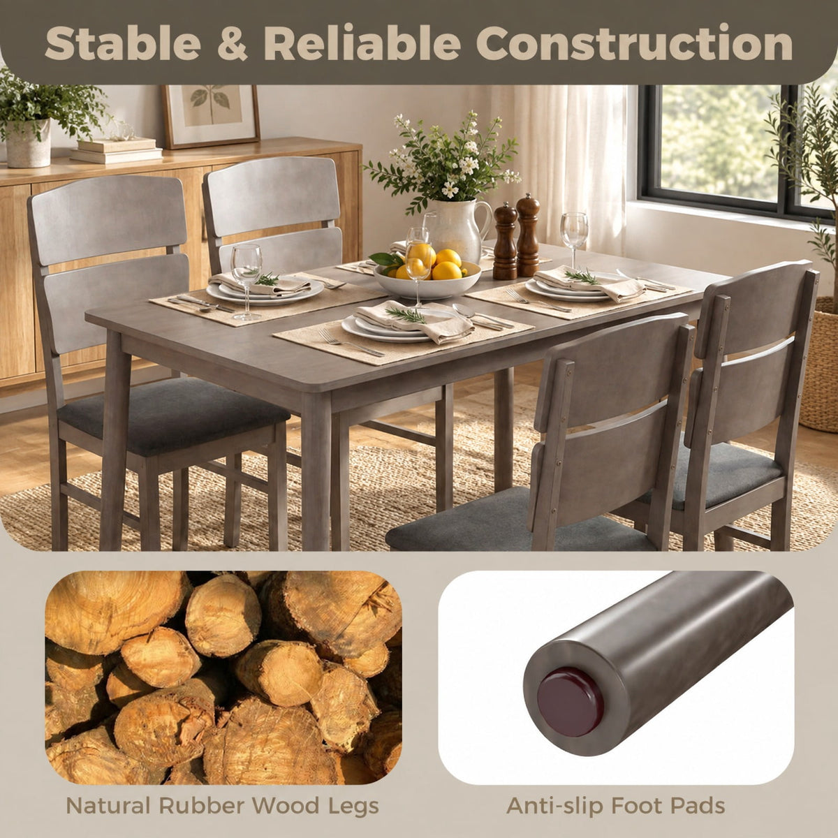Airfind 5-Piece Dining Set featuring High Curved Backs for 4 People, 175 lbs Capacity, Rubber Wood MDF Plywood Polyester Fabric Sponge Frame, Gray
