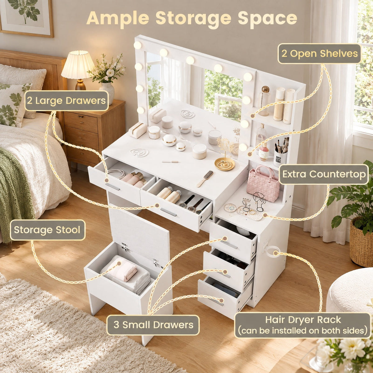 Airfind Makeup Table and Stool Set with Hair Dryer Stand, 230 lbs Capacity, MDF Frame, 43.5in x 16in x 54in Footprint, White