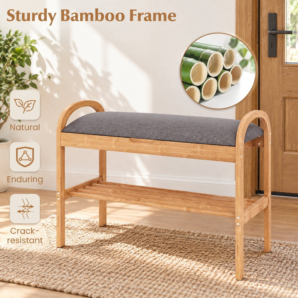 Airfind 2-Tier Bamboo Shoe Bench with Storage and Padded Cushion, 330 lbs Capacity, Bamboo Polyester Fabric Sponge Frame, Gray