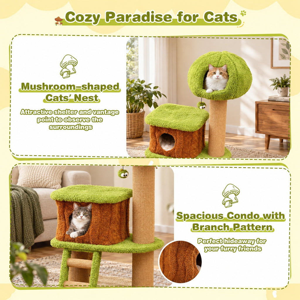 Airfind Cute Cat Tree for Indoor Cats with Mushroom-shaped Nest Condo and Climbing Ladder, 30 x 20 x 56 Cat Condo Footprint, Green