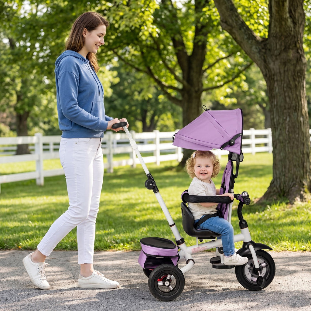 Airfind Folding Tricycle Baby Stroller with Reversible Seat and Adjustable Canopy, 55 lbs Capacity, Metal PP Linen Fabric Rubber Frame, Pink