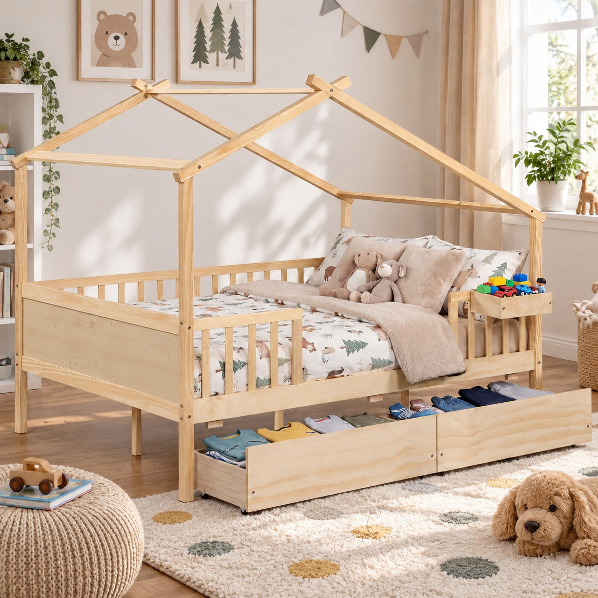 Airfind Full Size House Bed with Roof and Fence Rails for Kid, 550 lbs Capacity, Pine Wood Plywood MDF Engineered Wood Frame, White