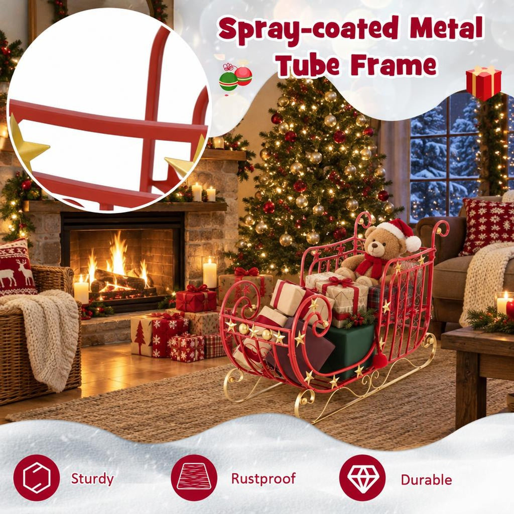 Airfind Metal Christmas Santa Sleigh with Large Cargo Area for Gifts, Metal Frame, 39 Inch x 14 Inch x 24 Inch Footprint, Red + Golden
