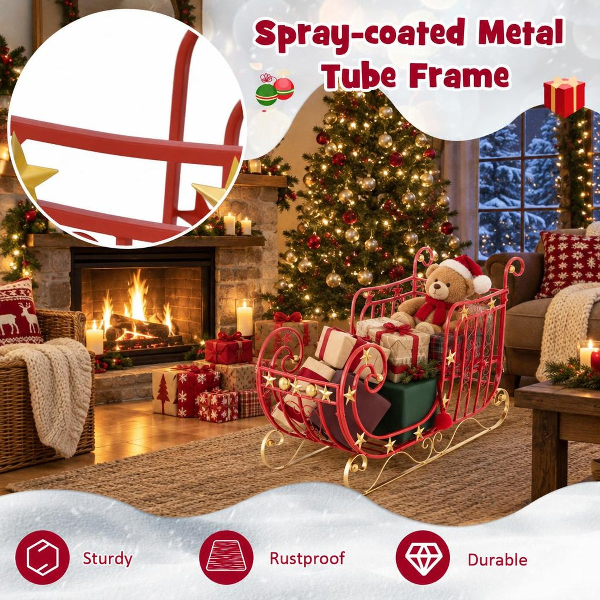 Airfind Metal Christmas Santa Sleigh with Large Cargo Area for Gifts, Metal Frame, 39 Inch x 14 Inch x 24 Inch Footprint, Red + Golden