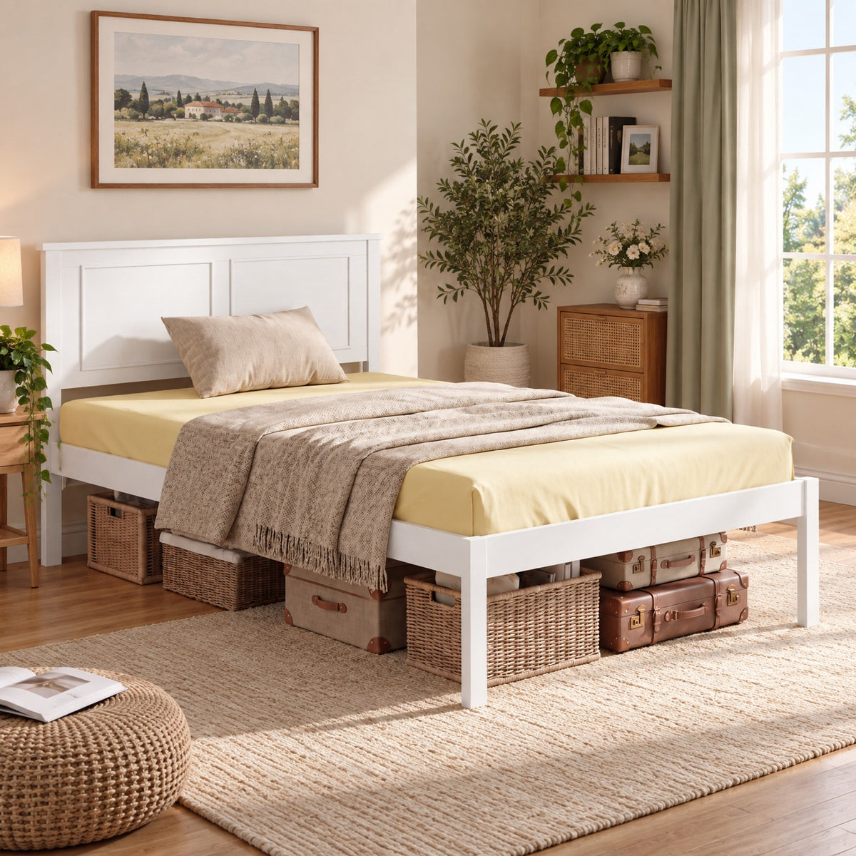 Airfind Twin Size Bed Frame Farmhouse Wooden Platform Bed with Headboard White, 600 lbs Capacity, Solid Wood Plywood Engineered Wood Frame, White
