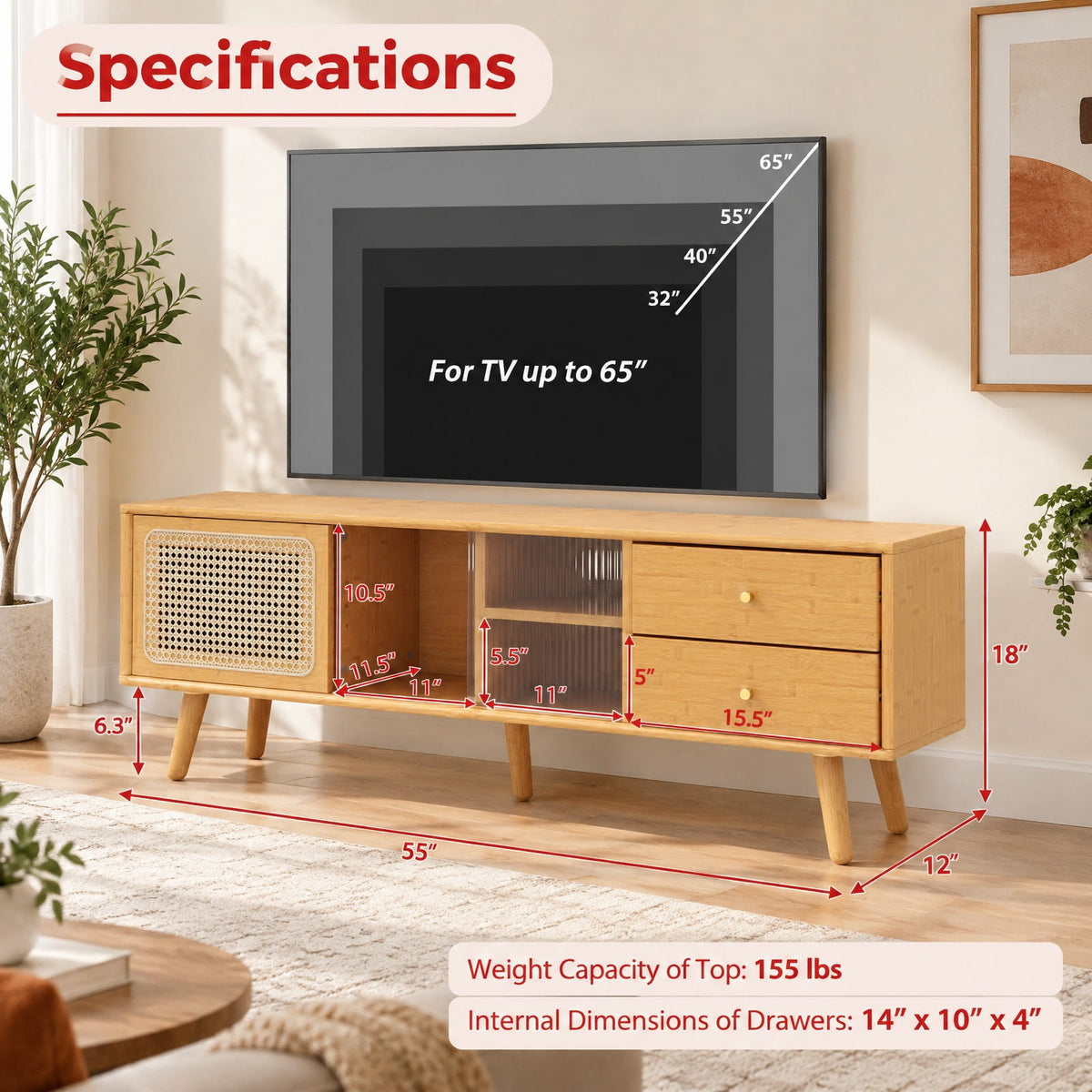 Airfind TV Stand, Bamboo, for TV up to 65 Inch, 155 lbs Capacity, Wood PE Rattan Glass Frame, 55 Inch x 12 Inch x 18 Inch Interior Footprint, Natural