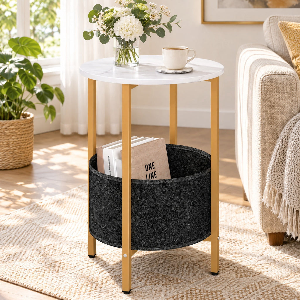 Airfind Round End Table 2-Tier Side Table with Removable Fabric Basket and Metal Frame, 44 lbs Capacity, Metal Engineered Wood Felt Frame, White
