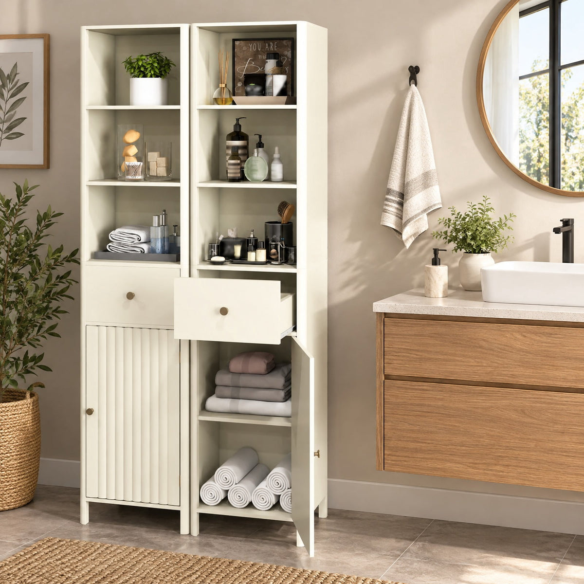 Airfind 67 Inch Tall Bathroom Cabinet Narrow Floor Cabinet with Fluted Door, MDF Frame, 16 Inch x 12 Inch x 67 InchInner Footprint, Beige