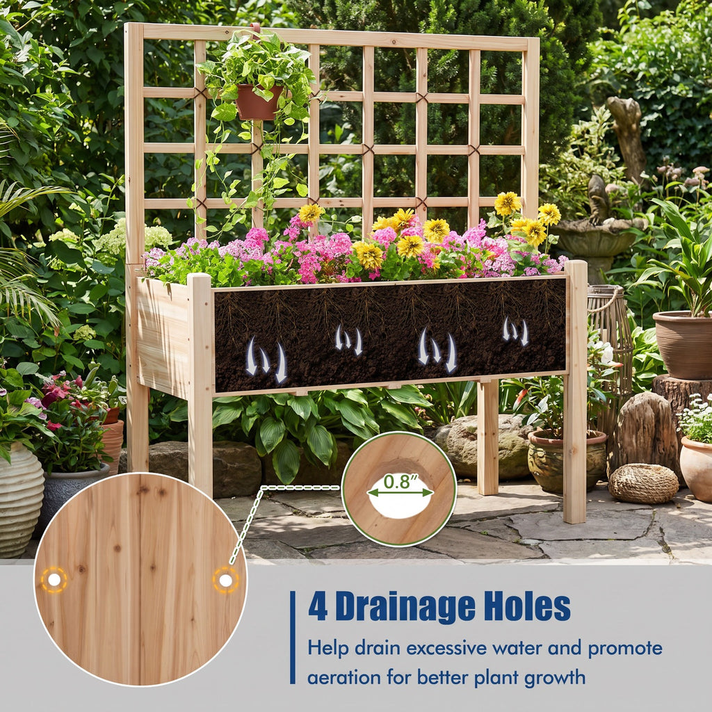 Airfind Raised Garden Bed with Lattice Trellis and Drainage Holes Elevated, 176 lbs Capacity, Fir Wood Frame, Natural