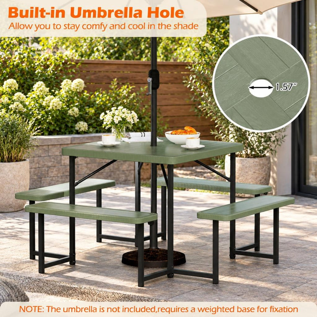Airfind Outdoor Square Picnic Table Bench Set for 4-8 People with Umbrella Hole, Table 110 lbs Capacity, HDPE Metal Frame, 63 x 63 x 30 Footprint