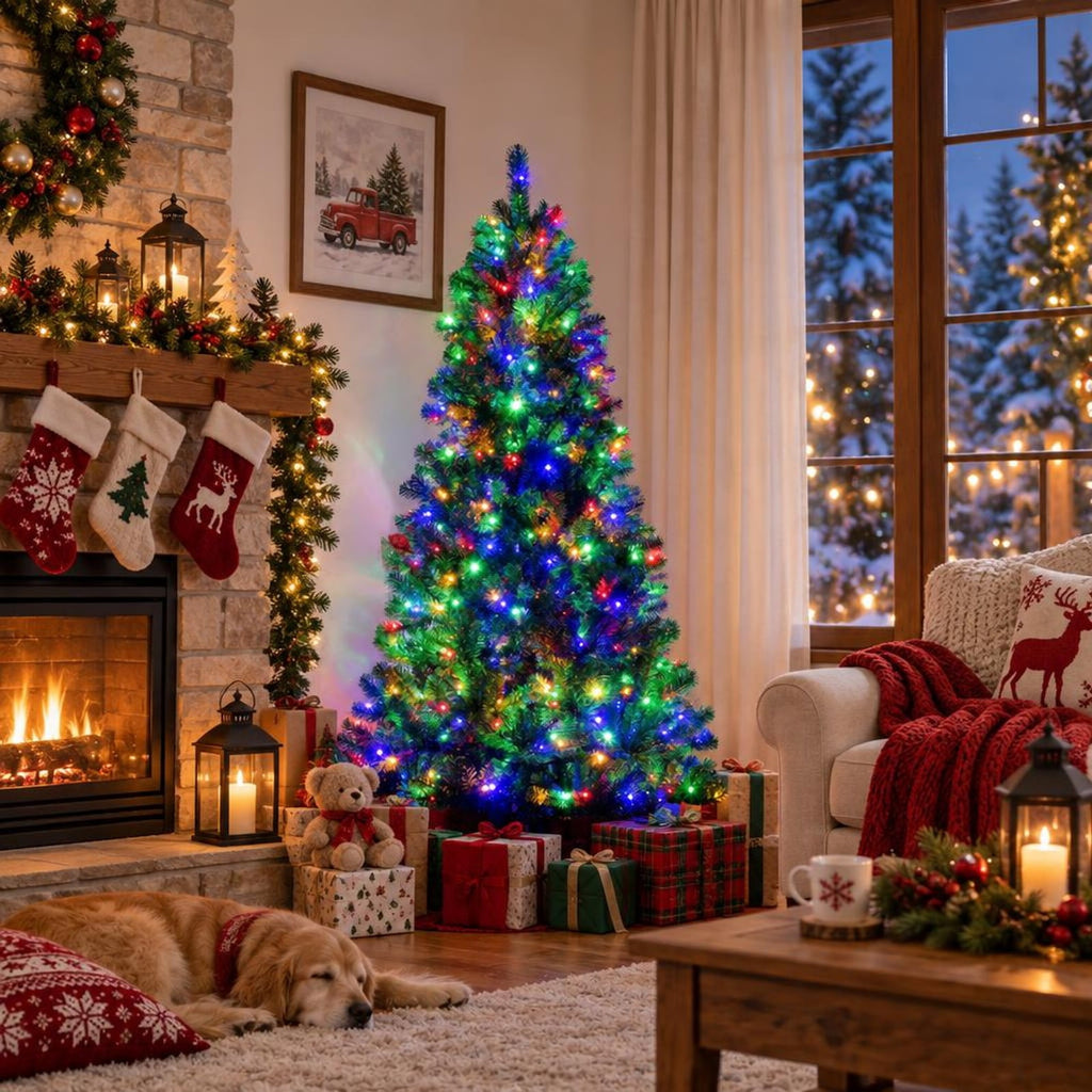 Airfind Artificial Hinged Christmas Tree with Remote-controlled Color-changing LED Lights-6ft, New PVC metal 6 Ft: Frame, 6ft x 3.1ft Footprint, Green