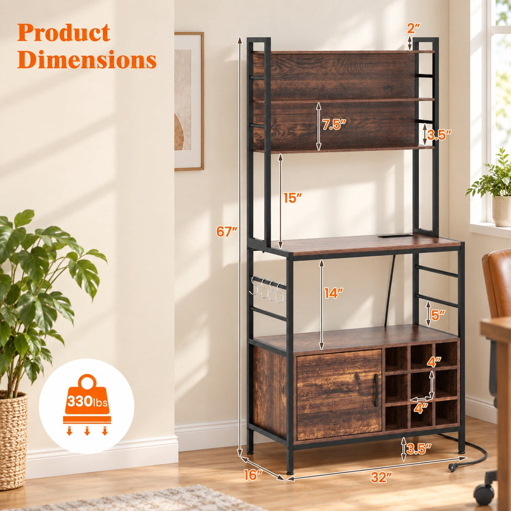 Airfind Coffee Bar Cabinet with S-Shaped Hooks and Wine Bottle Holders, Upper Shelf 44 lbs Capacity, Engineered Wood Metal Frame, Coffee