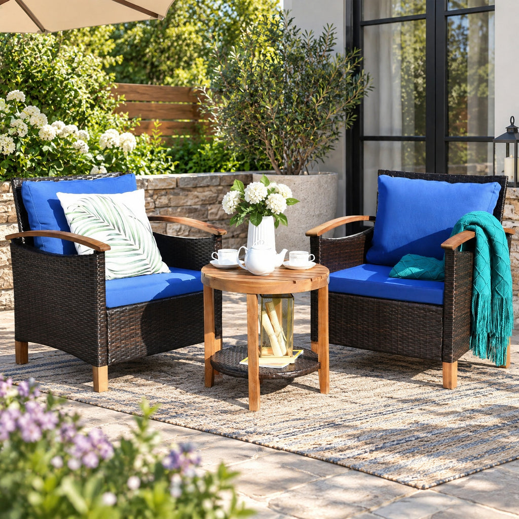 Airfind 3 Pieces Patio Rattan Furniture Set with Washable Cushion and Acacia Wood Tabletop, 360 lbs Capacity, 26 x 27.5 x 31 Footprint, Blue