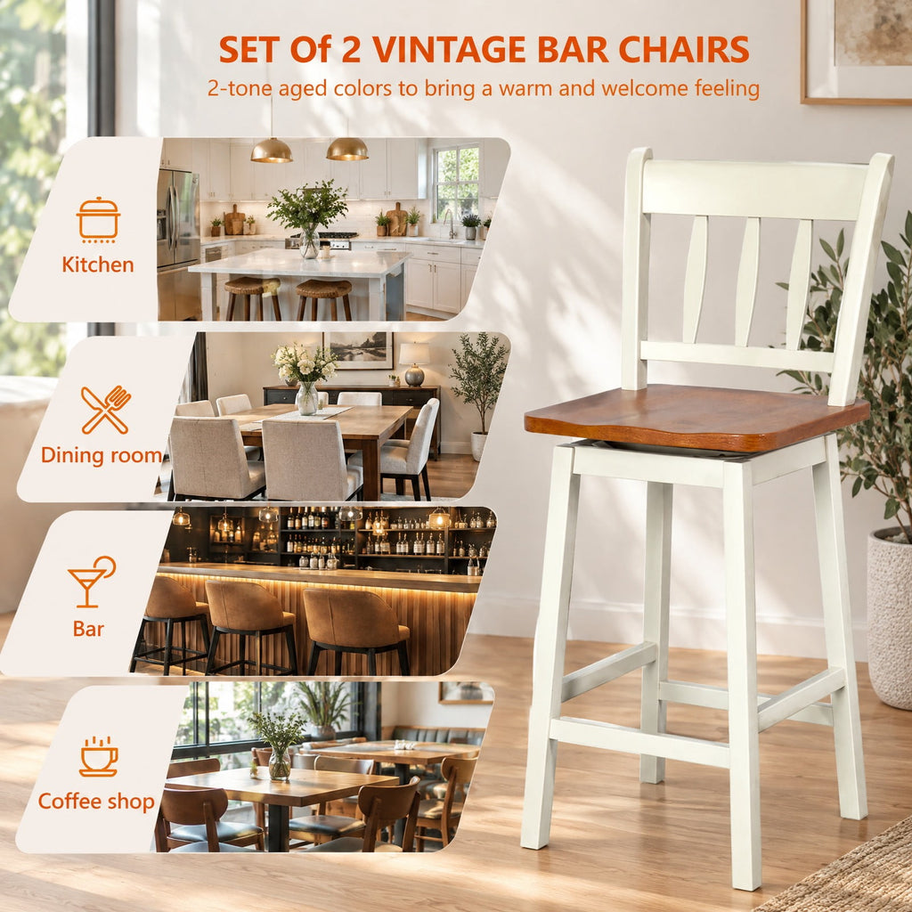 Airfind 24.5 Inches Set of 2 Swivel Bar Stools with 360° Swiveling, Rubber wood metal Frame, White, Product dimension 16 Inch x 18 Inch x 38.5 Inch (L x