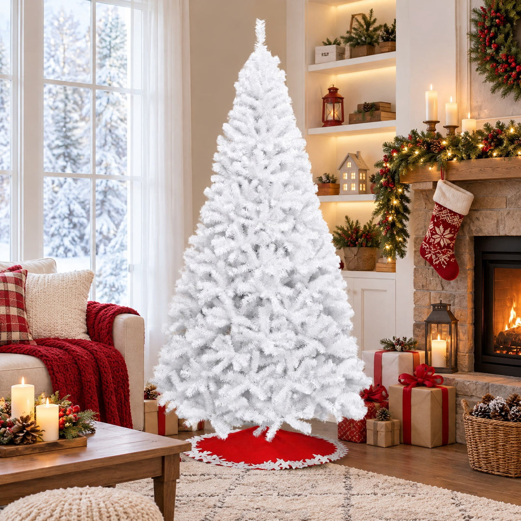 Airfind 6 / 7.5 / 9 Hinged Artificial Christmas Tree with Metal Stand-9 ft, PVC iron Frame, φ 3.8 ft x 6 ft Footprint, White
