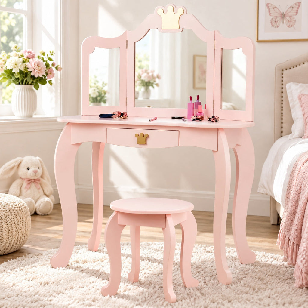 Airfind Kids Makeup Dressing Table with Tri-folding Mirror and Stool, 33 lbs Capacity, MDF pine Frame, 31.5in x 16.5in x 41.5in Footprint, Pink