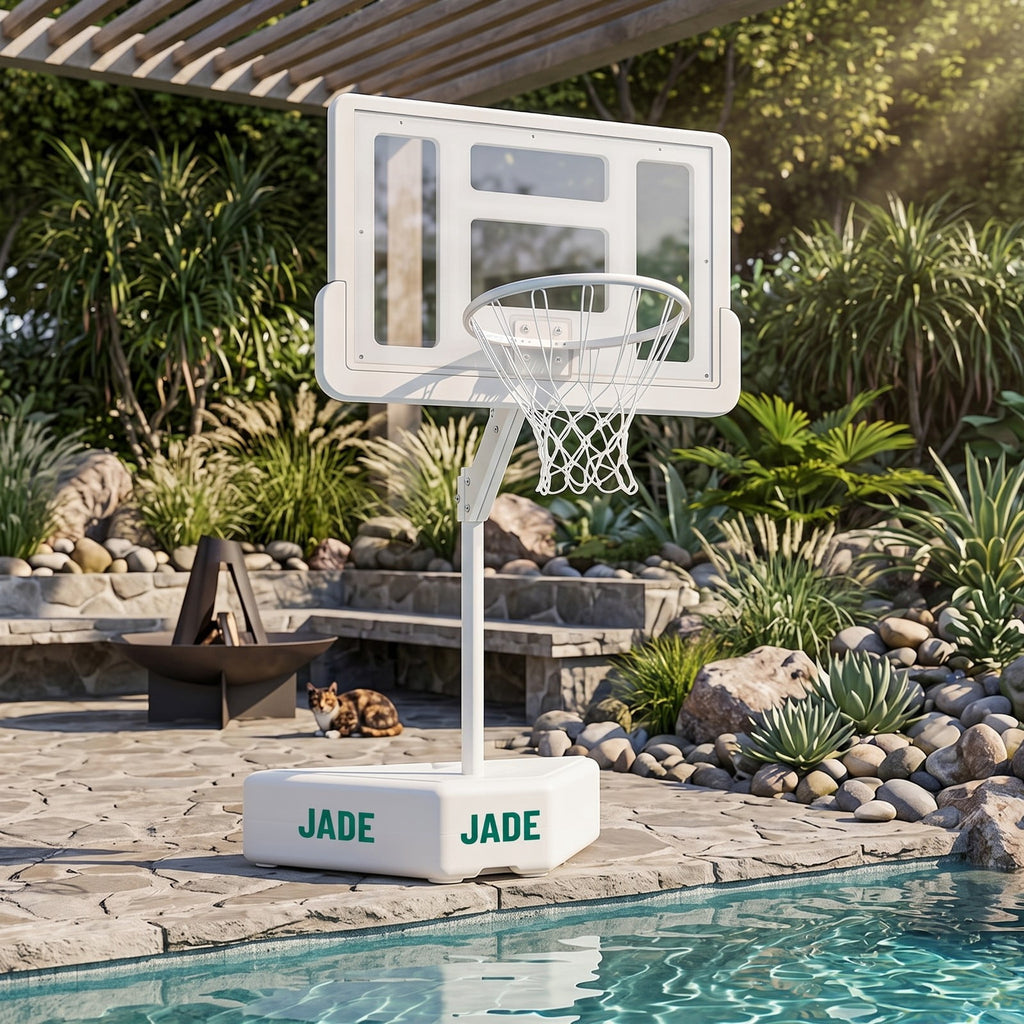 Airfind Poolside Basketball Hoop System, Adjustable Height Pool Basketball Set with 2 Water Balls and Pump, Metal PC Backboard for Swimming Pool Outdoor Family, White