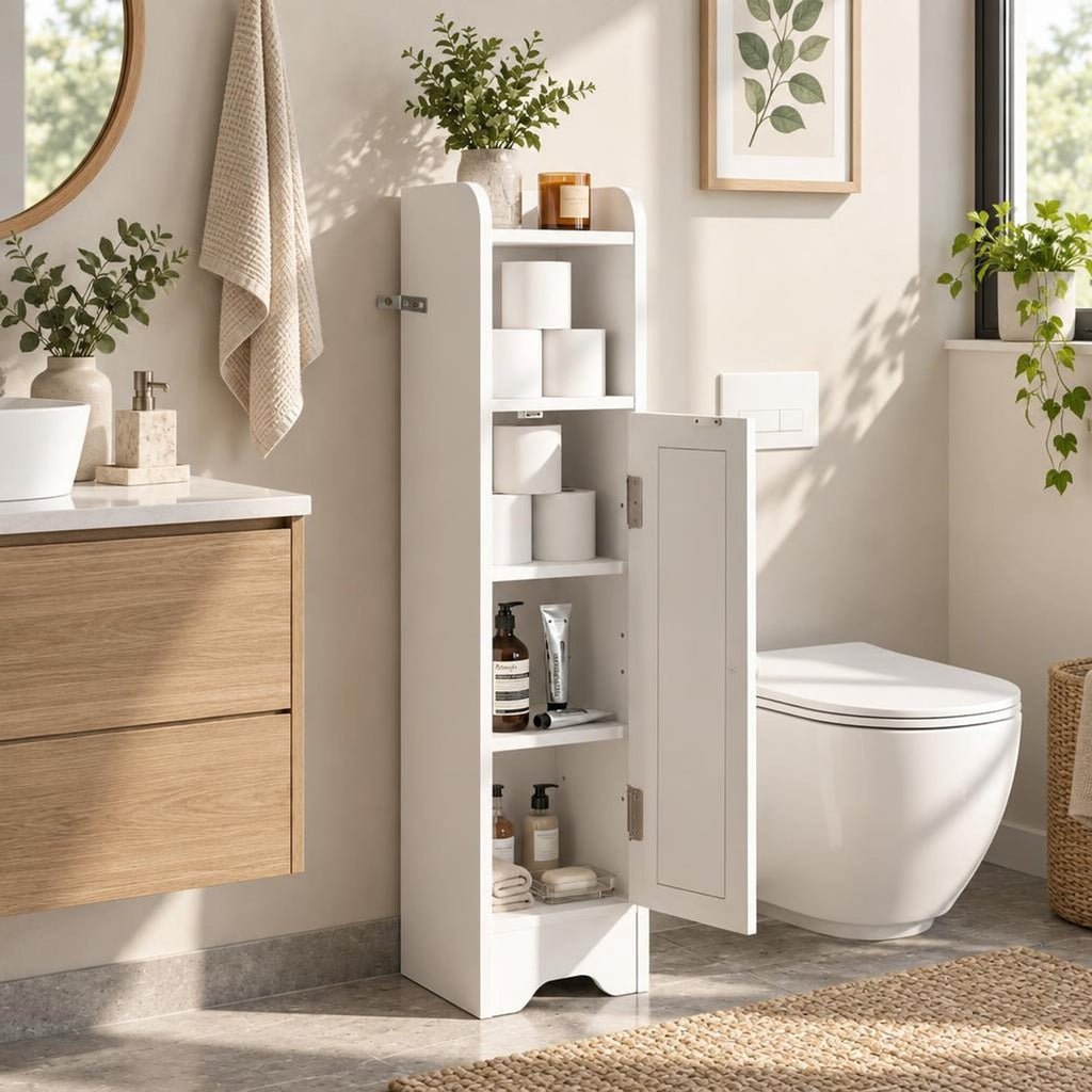 Airfind Slim Bathroom Cabinet Corner with 1 Door and Adjustable Shelves, 22 lbs Capacity, Engineered Wood Frame, 7.5in x 7in x 31.5in Footprint, White