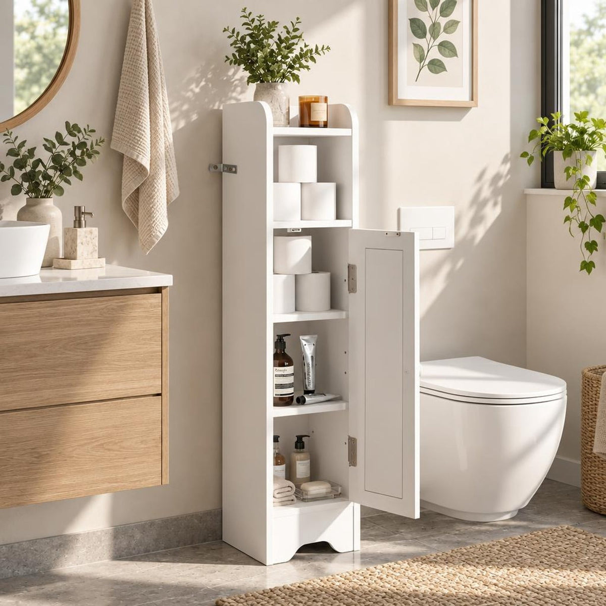 Airfind Slim Bathroom Cabinet Corner with 1 Door and Adjustable Shelves, 22 lbs Capacity, Engineered Wood Frame, 7.5in x 7in x 31.5in Footprint, White