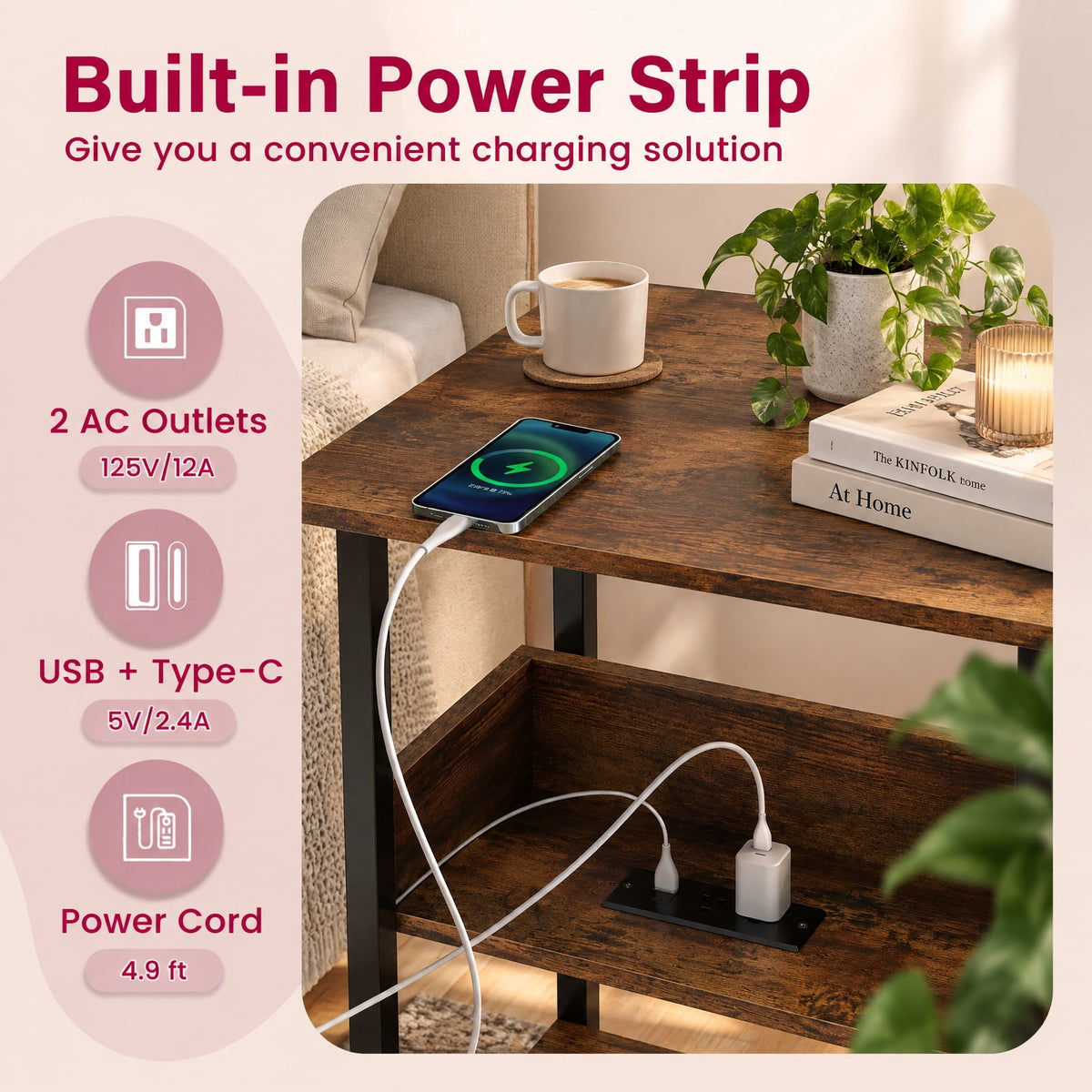 Airfind Side End Table with Charging Station and Open Shelves, 66 lbs Capacity, Engineered Wood Metal Frame, 16 x 12 x 24 Footprint, Brown